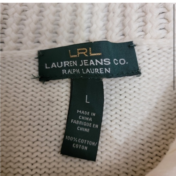 Women's LRL Lauren Jeans Co Ivory Mock Neck Sweater Brass Buckles Size M/L - Picture 9 of 12